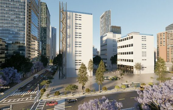 3D establishing shot of a generic city with tall skyscrapers and traffic. Wide-angle tilt-zoom-in shot.