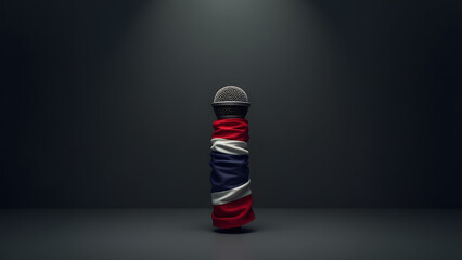 Thailand’s flag strangles a microphone, symbolizing suppressed dissent. Dark lighting accentuates the frayed edges. A sleek yet unsettling minimalist artwork.
