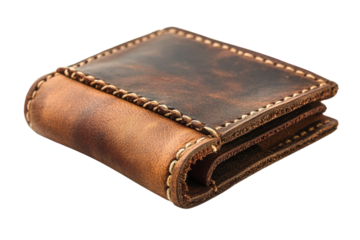 Rustic brown leather wallet handcrafted detail vintage style aged leather texture natural light