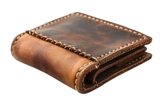 Rustic brown leather wallet handcrafted detail vintage style aged leather texture natural light