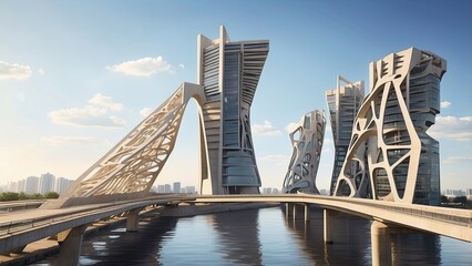 Fototapeta premium A modern suspension bridge illuminated at night,