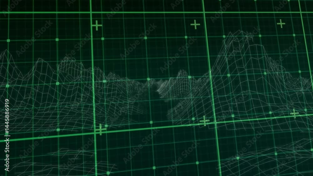 Poster wireframe 3d mountain terrain displaying glowing green grid simulation, with nodes and markers