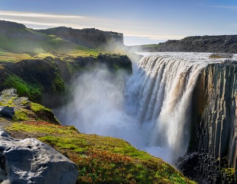 dettifoss waterfall in iceland powerful cascade of water plunging into a canyon in iceland mist and spray rising from the falls natural power and scenic beauty