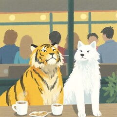 Tiger and White Dog Sitting at Café Table, Whimsical Scene, Anthropomorphic Charm