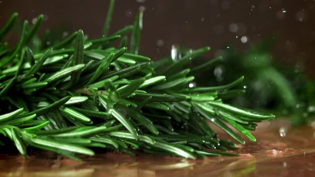 Raindrops fall on rosemary branches. Filmed on a high-speed camera at 1000 fps. High quality FullHD footage