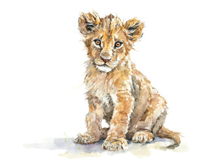 Obraz premium Delightful Watercolor Lion Cub Print for Nursery Decor: A Captivating and Whimsical Artwork Featuring Soft Pastel Hues Perfect for Children's Room