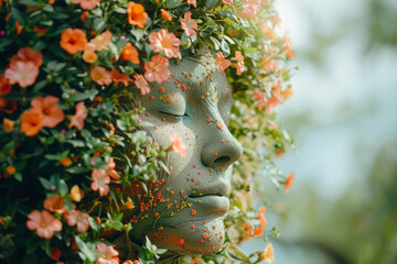 The concept of self-care and mental health is depicted through a human face tree adorned with flowers, symbolizing positive thinking and a creative mind   