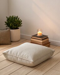 Creating a cozy minimal reading nook with cushions candles books and potted plants on light wooden flooring