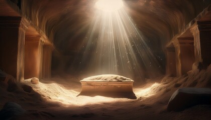 dust particles floating in a sunbeam over an abandoned shroud capturing the stillness and divine presence of an empty tomb