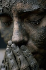 A person's face and hands are covered in wet mud in a close-up studio portrait shot.
