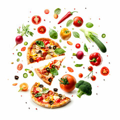 Fresh Ingredients and Sliced Pizza with Colorful Vegetables Decor
