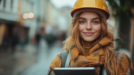 Female Engineer City Street Tablet.