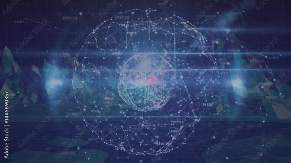 Poster holographic network sphere floating in 3d render interface, showing nodes, lines, data overlays