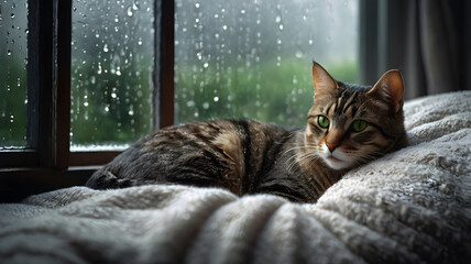 Peaceful Cat by the Window with Rain Droplets: Photorealistic Art