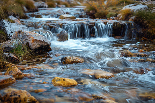 Tranquil stream flowing through rugged landscape reflects pristine water and serene surroundings, creating a peaceful and natural oasis    