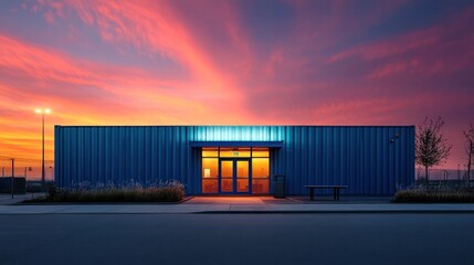 Obraz premium Vibrant sunset sky reflecting off the sleek minimalist exterior of a modern industrial warehouse building creating a dramatic atmospheric scene with geometric patterns and symmetrical design elements