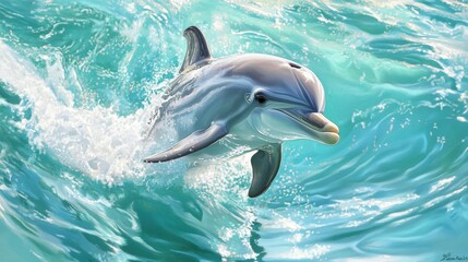 Fototapeta premium A playful dolphin leaps from turquoise ocean waves, sunlight glistening on its sleek body.