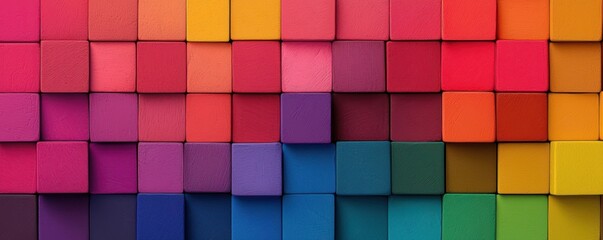 A vibrant arrangement of colorful square blocks creating a striking geometric pattern.