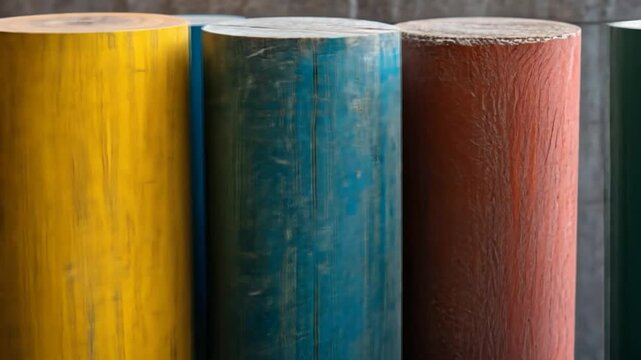 Vibrant wooden columns stand close together