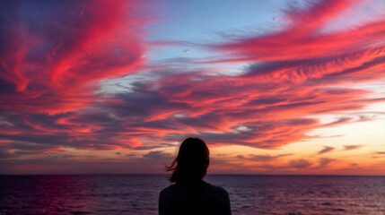 Fototapeta premium Silueta de Joven Contemplando el Mar al Atardecer