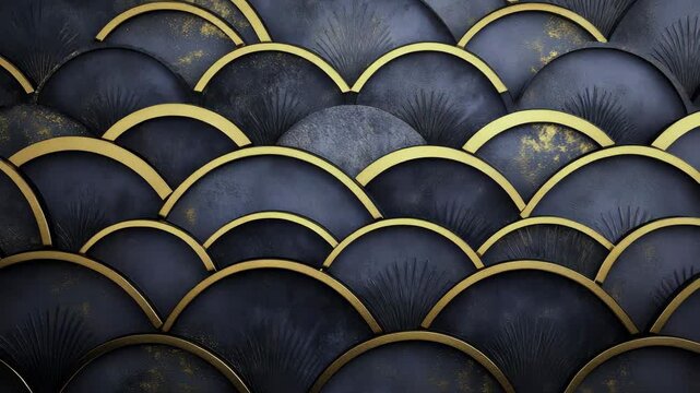 A luxurious, art deco pattern featuring overlapping dark blue scales with elegant gold outlines and subtle texture details.