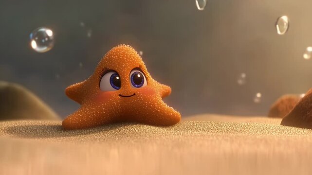 Smiling starfish playing with bubbles