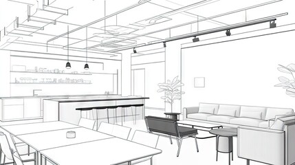 Interior architectural sketch of a modern open-plan office space.