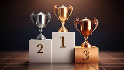 winners podium with 3 cups gold silver and bronze isolated background