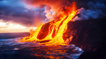 Fototapeta premium Volcanic Eruption with Molten Lava and Smoke