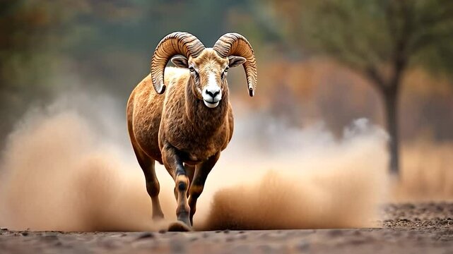 Wild ram charging through dusty terrain