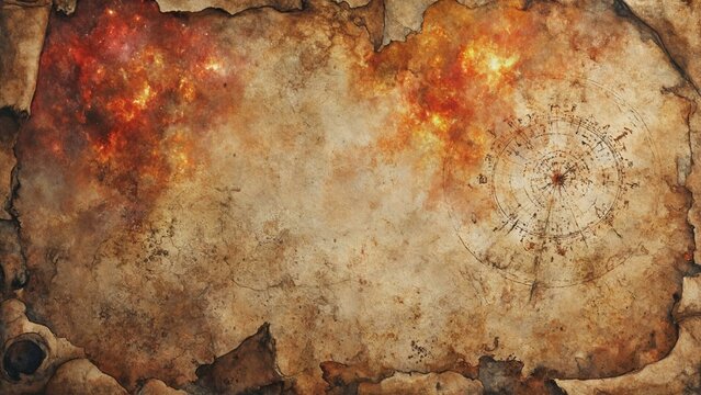 Ancient celestial charts on aged parchment scrolls glow with nebula colors under candlelight in a ruined observatory.