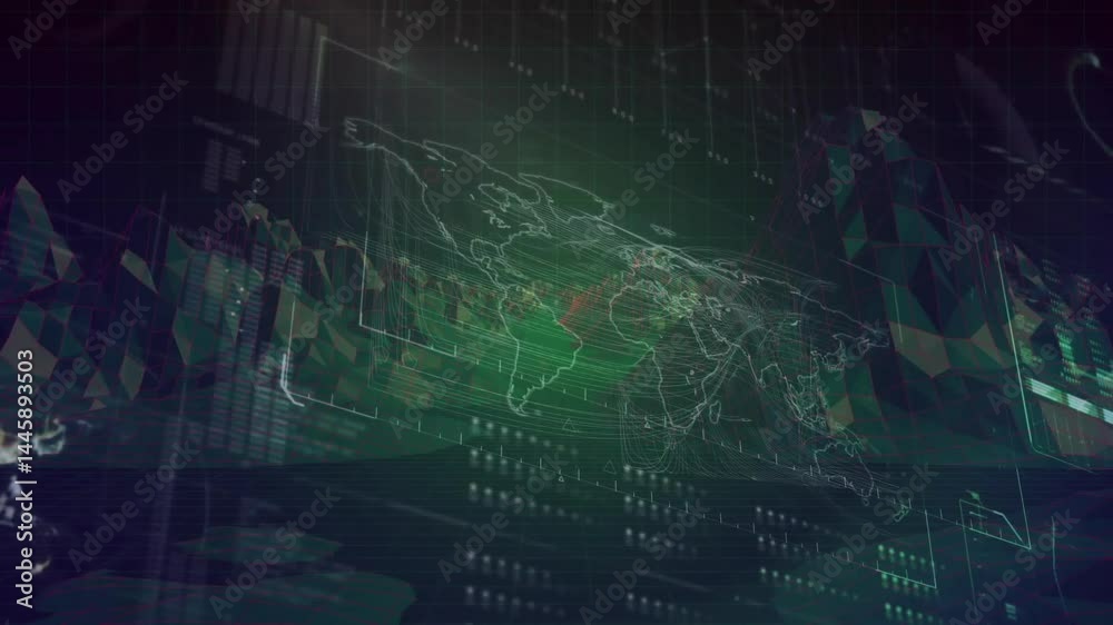 Poster Wireframe world map spinning in dashboard, showing floating data points and grid lines