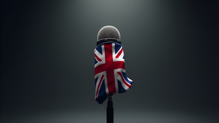 The UK flag gags a microphone, symbolizing press restrictions. Dark, cinematic tones amplify the tension. A bold minimalist statement.