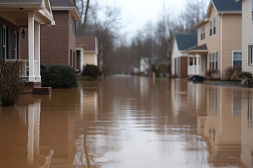 Fototapeta premium Flooded Street: A residential street is submerged in muddy floodwater, impacting homes. Reflective surface adds to the unsettling scene.
