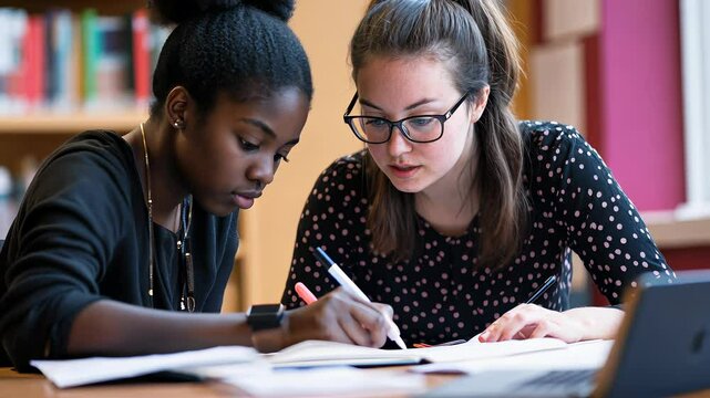 Two students collaborate on an assignment in a quiet library setting with focus and determination