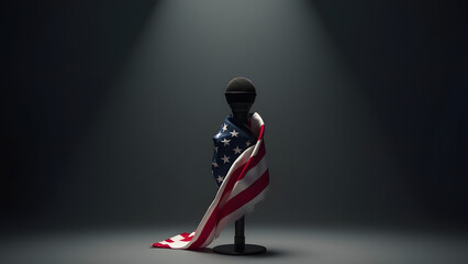 The US flag stifles a microphone, representing media suppression. Stark lighting intensifies the metaphor. A gripping minimalist depiction.