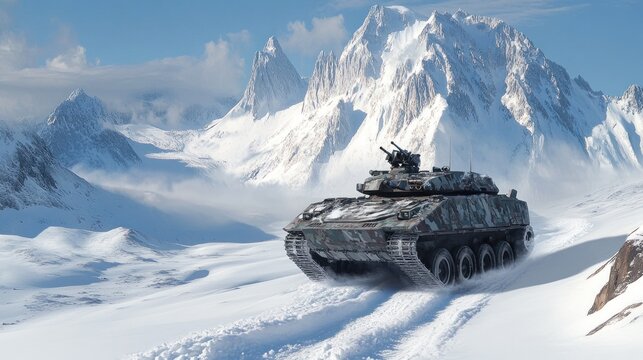 Armored vehicle in snowy mountain landscape
