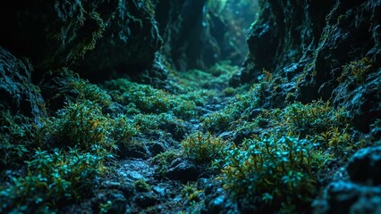 Bioluminescent moss and microchips intertwine on dark rock in a glowing cavern, hinting at nature and tech fusion.