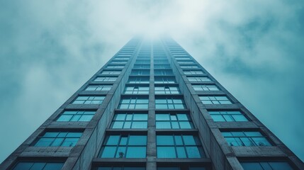 Tall Concrete Skyscraper Reaching Into Overcast Blue Sky with Dramatic Lighting and Geometric Facade Design