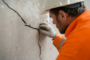 Inspector examining a building defect. Structural engineer inspecting cracks on a wall. Home inspector checking property damage. Construction worker inspecting wall.