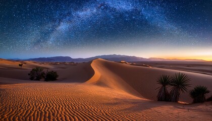 fantastic dunes in the desert at night with sparkling stars with an oasis