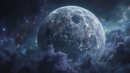 Curtains A large, silvery moon floats through space amidst purple nebula clouds, hinting at an otherworldly landscape.