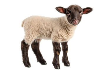 Cute brown and white lamb standing playfully, showcasing its fluffy wool in a bright and cheerful setting. on transparent background