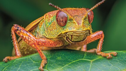 Fototapeta premium Grasshopper perched, orange, green, detailed on green leaf