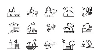 Countryside and landscape line icon set. Road, lake, view, land, sea, river, beach, desert, field, mountain, forest, island, volcano, waterfall outline vector icon collection. UI thin outline icon