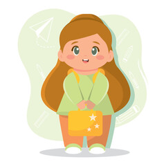 Girl with yellow backpack. Vector