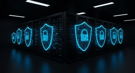 Cyber Security Protecting Server Room with Lock Icons