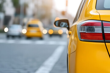 Fototapeta premium Taxi detail: close-up of a yellow taxi's rear, showing the taillight and side. The city street is visible in the background, with other vehicles.