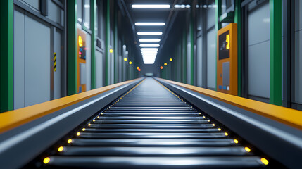 Obraz premium A brightly lit, modern industrial conveyor belt system inside a clean, high-tech facility.