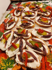 The breads with vegetables and  anchovies